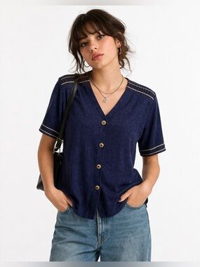 Vintage Amy Jess Navy Gold Nautical Button Front Knit Top USA Made Size L